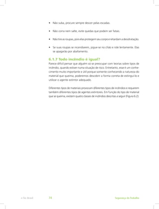 •	 Não suba, procure sempre descer pelas escadas.
•	 Não corra nem salte, evite quedas que podem ser fatais.
•	 Nãotireasroupas,poiselasprotegemseucorpoeretardamadesidratação.
•	 Se suas roupas se incendiarem, jogue-se no chão e role lentamente. Elas
se apagarão por abafamento.
6.1.7 Todo incêndio é igual?
Parece difícil pensar que alguém vá se preocupar com teorias sobre tipos de
incêndio, quando estiver numa situação de risco. Entretanto, esse é um conhe-
cimento muito importante e útil porque somente conhecendo a natureza do
material que queima, poderemos descobrir a forma correta de extingui-lo e
utilizar o agente extintor adequado.
Diferentes tipos de materiais provocam diferentes tipos de incêndios e requerem
também diferentes tipos de agentes extintores. Em função do tipo de material
que se queima, existem quatro classes de incêndios descritas a seguir (Figura 6.2):
Segurança do Trabalhoe-Tec Brasil 74
 
