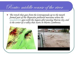 Route: middle course of the river
 The trench that goes from the Contraparada up to the mouth
formed part of the Depresión prelitoral murciana where the
Guadalentín goes with the Segura after passing Murcia city, and
is the center of a valley that starts in Puerto Lumbreras.
 