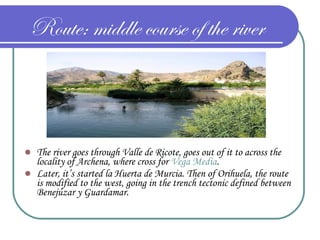 Route: middle course of the river
 The river goes through Valle de Ricote, goes out of it to across the
locality of Archena, where cross for Vega Media.
 Later, it’s started la Huerta de Murcia. Then of Orihuela, the route
is modified to the west, going in the trench tectonic defined between
Benejúzar y Guardamar.
 