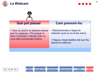 La Webcam Què pot passar Com prevenir-ho Que us activin la webcam sense que ho sapigueu. Pot passar si teniu l’ordinador infectat amb un virus dels anomenats troians. Desconnecteu o tapeu la webcam quan ja no la feu servir. Sigueu responsables del que feu davant la webcam. Objectius SORTIR Qüestions legals Avantatges i perills Què cal tenir en compte Consells 