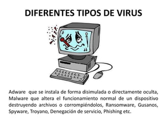 DIFERENTES TIPOS DE VIRUS
Adware que se instala de forma disimulada o directamente oculta,
Malware que altera el funcionamiento normal de un dispositivo
destruyendo archivos o corrompiéndolos, Ransomware, Gusanos,
Spyware, Troyano, Denegación de servicio, Phishing etc.
 