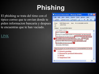 Phishing
El phishing se trata del timo con el
tipico correo que te envian donde te
piden informacion bancaria y despues
te encuentras que te han vaciado.

LINK
 