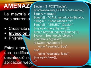 AMENAZAS DE SEGURIDAD
La mayoría de los ataques a aplicaciones
web ocurren a través de:
 Cross-site scripting (XSS).
 Inyección SQL.
 Phishing.
Estos ataques logran su cometido debido a
una codificación deficiente y la falta de
desinfección de las entradas y salidas de la
aplicación web.
$login = $_POST['login'];
$contrasenia=$_POST[‘contrasenia’];
$query = array();
$query[] = "CALL testarLogin(@valor,
" $login."', " $contrasenia."')";
$query[] = "SELECT @valor";
$mysqli->query($query[0]);
$res = $mysqli->query($query[1]);
$valor = $res->fetch_object();
$nombre = "@valor";
if( $valor->$nombre )
echo "resultado: true";
else
echo "resultado: false";
$mysqli->close();
?>
 
