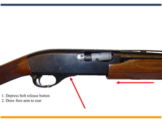 1. Depress bolt release button
2. Draw fore-arm to rear
 