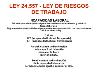LEY 24.557 - LEY DE RIESGOS DE TRABAJO INCAPACIDAD LABORAL  Falta de aptitud o capacidad para desarrollar en forma directa y habitual  tareas laborales.  El grado de incapacidad laboral permanente será determinado por las comisiones médicas de esta ley 2 tipos ILT (Incapacidad Laboral Temporaria) ILP  (Incapacidad Laboral Permanente) Parcial:  cuando la disminución  de la capacidad laborativa permanente fuere  inferior al 66%. Total:  cuando la disminución  de la capacidad laborativa  permanente fuere igual o superior al 66%. 