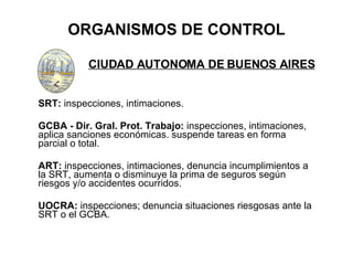 ORGANISMOS DE CONTROL CIUDAD AUTONOMA DE BUENOS AIRES SRT:  inspecciones, intimaciones. GCBA - Dir. Gral. Prot. Trabajo:  inspecciones, intimaciones, aplica sanciones económicas. suspende tareas en forma parcial o total.  ART:  inspecciones, intimaciones, denuncia incumplimientos a la SRT, aumenta o disminuye la prima de seguros según riesgos y/o accidentes ocurridos. UOCRA:  inspecciones; denuncia situaciones riesgosas ante la SRT o el GCBA. 