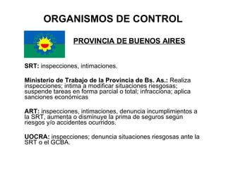ORGANISMOS DE CONTROL PROVINCIA DE BUENOS AIRES SRT:  inspecciones, intimaciones. Ministerio de Trabajo de la Provincia de Bs. As.:  Realiza inspecciones; intima a modificar situaciones riesgosas; suspende tareas en forma parcial o total; infracciona; aplica sanciones económicas ART:  inspecciones, intimaciones, denuncia incumplimientos a la SRT, aumenta o disminuye la prima de seguros según riesgos y/o accidentes ocurridos. UOCRA:  inspecciones; denuncia situaciones riesgosas ante la SRT o el GCBA. 
