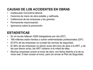 CAUSAS DE LOS ACCIDENTES EN OBRAS Inadecuado microclima laboral. Carencia de mano de obra estable y calificada.  Indiferencia de las empresas y los gremios.  Permanente improvisación. Ignorancia sobre la prevención. ESTADISTICAS En el mundo  fallecen 3300 trabajadores por día (OIT) 160 millones están heridos o sufren enfermedades profesionales (OIT) El  97% de las empresas no cumple las normas de seguridad. El 38% de las empresas no dieron aviso del inicio de obra a la ART, y de las que dieron aviso, las ART visitaron a la mitad de ellas.  Muchas empresas avisan el inicio de obra, con fecha distinta a la de su inicio real. O bien avisan el inicio, pero sin enviar el Plan de Seguridad.  