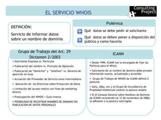 EL SERVICIO WHOIS DEFINCIÓN:  Servicio de informar datos sobre un nombre de dominio Polémica Qu é   datos se debe pedir al solicitante Qué   d atos se deben poner a   disposición del público y como hacerlo Grupo de Trabajo del Art. 29  Dictamen 2/2003 Consulting  Project ICANN Solicitante Empresa vs. Particular Publicación del nombre vs. Principio de Oposición Publicación de “domicilio” y  “teléfono” vs. Derecho de aparición en Guía Actuación del Proveedor de Servicio como intermediario  Aplicación de  las Directivas sobre Protección de Datos Limitación del acceso masivo con fines de marketing directo Preocupación del WHOIS = Guía inversa POSIBILIDAD DE REGISTRAR NOMBRES DE DOMINIO SIN PUBLICACIÓN DE DATOS PERSONALES Desde 1999, ICANN fue la encargada de fijar las Políticas para el Whois. Solicitante de un nombre de dominio debe proveer información exacta, actualizada y accesible  Grupo de Trabajo de WHOIS de ICANN definió 2 posturas Sony, eBay, etc y el Grupo de Incumbencia de Propiedad Intelectual votaron la postura amplia El el Consejo General sobre Nombres de Dominio de ICANN recomendó (al 12 de noviembre de 2006) la adhesión a la postura restringida 