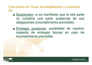 12
■ Suspensión: si es manifiesto que la otra parte
no cumplirá una parte sustancial de sus
obligaciones (incumplimiento previsible).
■ Entregas sucesivas: posibilidad de resolver
respecto de entregas futuras en caso de
incumplimiento previsible.
Convención de Viena: Incumplimiento y resolución
(ii)
 