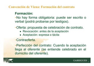 7
Convención de Viena: Formación del contrato
Formación:
-No hay forma obligatoria: puede ser escrito o
verbal (podrá probarse por testigos).
-Oferta: propuesta de celebración de contrato.
● Revocación: antes de la aceptación
● Aceptación: expresa o tácita
-Contraoferta.
-Perfección del contrato: Cuando la aceptación
llega al oferente (se entiende celebrado en el
domicilio del oferente).
 