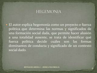  El autor explica hegemonía como un proyecto o fuerza
 política que determina las normas y significados de
 una formación social dada, que permite hacer alusión
 a una totalidad ausente, se trata de identificar qué
 fuerza política decide cuáles son las formas
 dominantes de conducta y significado de un contexto
 social dado.



           REYNALDO AREIZA C. – JESSICA FIGUEROA O.
                                                         6
 