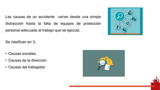 Las causas de un accidente varían desde una simple
distracción hasta la falta de equipos de protección
personal adecuada al trabajo que se ejecuta.
Se clasifican en 3:
• Causas sociales.
• Causas de la dirección.
• Causas del trabajador.
 