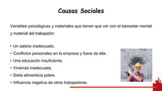 Variables psicológicas y materiales que tienen que ver con el bienestar mental
y material del trabajador:
• Un salario inadecuado.
• Conflictos personales en la empresa y fuera de ella.
• Una educación insuficiente.
• Vivienda inadecuada.
• Dieta alimenticia pobre.
• Influencia negativa de otros trabajadores.
Causas Sociales
 