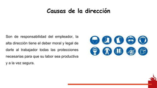Son de responsabilidad del empleador, la
alta dirección tiene el deber moral y legal de
darle al trabajador todas las protecciones
necesarias para que su labor sea productiva
y a la vez segura.
Causas de la dirección
 