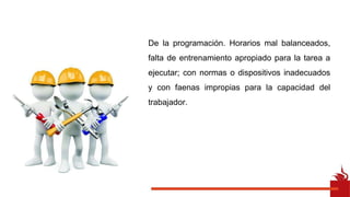 De la programación. Horarios mal balanceados,
falta de entrenamiento apropiado para la tarea a
ejecutar; con normas o dispositivos inadecuados
y con faenas impropias para la capacidad del
trabajador.
 