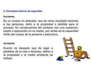 Es un suceso no deseado, que da como resultado lesiones
a las personas, daño a la propiedad o pérdida para el
proceso. Es consecuencia del contacto con una sustancia,
objeto o exposición en su medio, por arriba de la capacidad
límite del cuerpo de la persona o estructura.
Evento no deseado que da lugar a
pérdidas de la vida o lesiones, daños a
la propiedad o al medio ambiente de
trabajo.
Accidente.
Accidente.
a. Conceptos básicos de seguridad
 