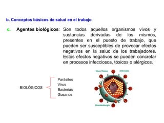 c. Agentes biológicos: Son todos aquellos organismos vivos y
sustancias derivadas de los mismos,
presentes en el puesto de trabajo, que
pueden ser susceptibles de provocar efectos
negativos en la salud de los trabajadores.
Estos efectos negativos se pueden concretar
en procesos infecciosos, tóxicos o alérgicos.
BIOLÓGICOS
Parásitos
Virus
Bacterias
Gusanos
b. Conceptos básicos de salud en el trabajo
 