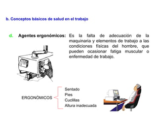 d. Agentes ergonómicos: Es la falta de adecuación de la
maquinaria y elementos de trabajo a las
condiciones físicas del hombre, que
pueden ocasionar fatiga muscular o
enfermedad de trabajo.
ERGONÓMICOS
Sentado
Pies
Cuclillas
Altura inadecuada
b. Conceptos básicos de salud en el trabajo
 