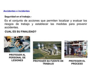 Es el conjunto de acciones que permiten localizar y evaluar los
riesgos de trabajo y establecer las medidas para prevenir
accidentes.
CUAL ES SU FINALIDAD?
PROTEGER AL
PERSONAL DE
LESIONES PROTEGER SU FUENTE DE
TRABAJO
Seguridad en el trabajo.-
PROTEGER EL
PROCESO
Accidentes e incidentes
 