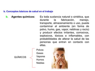 b. Agentes químicos: Es toda sustancia natural o sintética, que
durante la fabricación, manejo,
transporte, almacenamiento o uso, pueda
contaminar el ambiente (en forma de
polvo, humo, gas, vapor, neblinas y rocío)
y producir efectos irritantes, corrosivos,
explosivos, tóxicos e inflamables, con
probabilidades de alterar la salud de las
personas que entran en contacto con
ellas.
QUÍMICOS
Polvos
Gases
Vapores
Humos
Nieblas
b. Conceptos básicos de salud en el trabajo
 