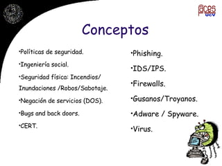 Conceptos Políticas de seguridad.  Ingeniería social.  Seguridad física: Incendios/ Inundaciones /Robos/Sabotaje. Negación de servicios (DOS). Bugs and back doors. CERT. Phishing. IDS/IPS. Firewalls. Gusanos/Troyanos. Adware / Spyware. Virus. 
