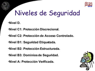 Niveles de Seguridad Nivel D. Nivel C1: Protección Discrecional.   Nivel C2: Protección de Acceso Controlado. Nivel B1: Seguridad Etiquetada.   Nivel B2: Protección Estructurada.   Nivel B3: Dominios de Seguridad.   Nivel A: Protección Verificada.   