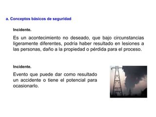 Es un acontecimiento no deseado, que bajo circunstancias
ligeramente diferentes, podría haber resultado en lesiones a
las personas, daño a la propiedad o pérdida para el proceso.
Evento que puede dar como resultado
un accidente o tiene el potencial para
ocasionarlo.
Incidente.
Incidente.
a. Conceptos básicos de seguridad
 