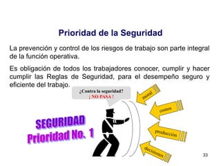 33
Prioridad de la Seguridad
La prevención y control de los riesgos de trabajo son parte integral
de la función operativa.
Es obligación de todos los trabajadores conocer, cumplir y hacer
cumplir las Reglas de Seguridad, para el desempeño seguro y
eficiente del trabajo.
¿Contra la seguridad?
¡ NO PASA !
 