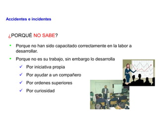 ¿PORQUÉ NO SABE?
• Porque no han sido capacitado correctamente en la labor a
desarrollar.
• Porque no es su trabajo, sin embargo lo desarrolla
 Por iniciativa propia
 Por ayudar a un compañero
 Por ordenes superiores
 Por curiosidad
Accidentes e incidentes
 