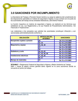 43-
3.0 SANCIONES POR INCUMPLIMIENTO
La Secretaría del Trabajo y Previsión Social, tendrá a su cargo la vigilancia del cumplimiento de
las disposiciones aplicables en materia de seguridad e higiene, la que contará con el auxilio de
las autoridades del trabajo de las entidades federativas y del Distrito Federal.
La función inspectiva en materia de seguridad e higiene, se realizará en los términos que
establecen la Ley, sus Reglamentos y la Ley Federal de Procedimiento Administrativo. Ver
Fascículo 6 “Inspecciones”.
Las violaciones a los preceptos que solicitan las autoridades constituyen infracción y son
sancionadas administrativamente conforme a:
OBLIGACIÓN
ARTICULOS DEL
RFSHMAT
SANCIONES
29 De 15 a 315 SMVRecipientes sujetos a presión
32, 33 De 15 a 210 SMV
35, 36, 38 De 15 a210 SMV
37 De 15 a 105 SMV
Maquinaria y equipo
39 De 15 a 315 SMV
40, 43,.45 De 15 a 210 SMVSoldadura y corte
41, 42, 44, 46 De 15 a 315 SMV
47, 48, 49 De 15 a 210 SMVInstalaciones eléctricas
50, 51 De 15 a 315 SMV
Manejo de materiales 54 De 15 a 315 SMV
RFSHMAT = Reglamento Federal de Seguridad e Higiene y Medio Ambiente de Trabajo.
SMV = Veces el salario mínimo general diario vigente en la zona económica donde se
encuentre el centro de trabajo.
FFFAAASSSCCCÍÍÍCCCUUULLLOOO 111000 “““CCCOOONNNDDDIIICCCIIIOOONNNEEESSS DDDEEE SSSEEEGGGUUURRRIIIDDDAAADDD EEE HHHIIIGGGIIIEEENNNEEE”””
DDDEEERRREEECCCHHHOOOSSS RRREEESSSEEERRRVVVAAADDDOOOSSS SSSIIIAAA SSSEEEPPPTTTIIIEEEMMMBBBRRREEE,,, 222000000777
 