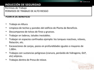 INDUCCIÓN DE SEGURIDAD
Permisos de Trabajo
PERMISOS DE TRABAJO DE ALTO RIESGO

PLANTA DE BENEFICIO

•   Trabajo en Altura
•   Limpieza de techos y paredes del edificio de Planta de Beneficio.
•   Descampaneo de tolvas de finos y gruesos.
•   Trabajar en laderas, taludes inestables.
•   Trabajar en espacios confinados ejemplo: los tanques reactivos, relaves,
    flotación, etc.
•   Excavaciones de zanjas, pozos en profundidades iguales o mayores de
    1.80m.
•   Trabajos con sustancias peligrosas (cianuro, peróxido de hidrogeno, GLP,
    etc) atípicos.
•   Trabajos dentro de Presa de relave.
 