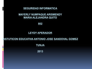 SEGURIDAD INFORMATICA

MAYERLY NUMPAQUE ARISMENDY
MARIA ALEJANDRA QUITO
802

LEYDY APERADOR
INSTUTICON EDUCATIVA ANTONIO JOSE SANDOVAL GOMEZ
TUNJA
2013

 