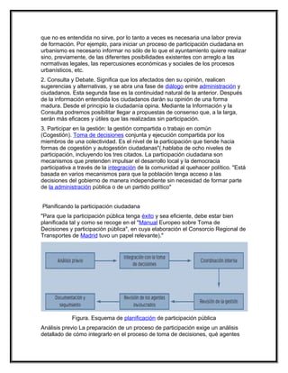 que no es entendida no sirve, por lo tanto a veces es necesaria una labor previa
de formación. Por ejemplo, para iniciar un proceso de participación ciudadana en
urbanismo es necesario informar no sólo de lo que el ayuntamiento quiere realizar
sino, previamente, de las diferentes posibilidades existentes con arreglo a las
normativas legales, las repercusiones económicas y sociales de los procesos
urbanísticos, etc.
2. Consulta y Debate. Significa que los afectados den su opinión, realicen
sugerencias y alternativas, y se abra una fase de diálogo entre administración y
ciudadanos. Esta segunda fase es la continuidad natural de la anterior. Después
de la información entendida los ciudadanos darán su opinión de una forma
madura. Desde el principio la ciudadanía opina. Mediante la Información y la
Consulta podremos posibilitar llegar a propuestas de consenso que, a la larga,
serán más eficaces y útiles que las realizadas sin participación.
3. Participar en la gestión: la gestión compartida o trabajo en común
(Cogestión). Toma de decisiones conjunta y ejecución compartida por los
miembros de una colectividad. Es el nivel de la participación que tiende hacia
formas de cogestión y autogestión ciudadanas"(.hablaba de ocho niveles de
participación, incluyendo los tres citados. La participación ciudadana son
mecanismos que pretenden impulsar el desarrollo local y la democracia
participativa a través de la integración de la comunidad al quehacer político. "Está
basada en varios mecanismos para que la población tenga acceso a las
decisiones del gobierno de manera independiente sin necesidad de formar parte
de la administración pública o de un partido político"


Planificando la participación ciudadana
"Para que la participación pública tenga éxito y sea eficiente, debe estar bien
planificada tal y como se recoge en el "Manual Europeo sobre Toma de
Decisiones y participación pública", en cuya elaboración el Consorcio Regional de
Transportes de Madrid tuvo un papel relevante)."




            Figura. Esquema de planificación de participación pública
Análisis previo La preparación de un proceso de participación exige un análisis
detallado de cómo integrarlo en el proceso de toma de decisiones, qué agentes
 