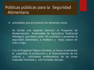 Políticas públicas para la Seguridad
Alimentaria
 actividades que promueven los alimentos sanos.
 Se brinda una especial atención al Programa de
Modernización Sustentable de Agricultura Tradicional
(MasAgro), que tiene como fin contribuir a aumentar la
seguridad alimentaria, a mediano y largo plazos en
maíz y trigo.
 Con el Programa Trópico Húmedo, se busca incrementar
la superficie, la producción y el financiamiento de los
cultivos y actividades emblemáticas de las zonas
tropicales húmedas y sub-húmedas del país.
 