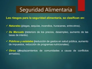 Seguridad Alimentaria
Los riesgos para la seguridad alimentaria, se clasifican en:
 Naturales (plagas, sequías, incendios, huracanes, entre otros).
 De Mercado (deterioro de los precios, desempleo, aumento de las
tasas de interés).
 Públicos y estatales (reducción de gastos en salud pública, aumento
de impuestos, reducción de programas nutricionales).
 Otros (desplazamientos de comunidades a causa de conflictos
armados).
 