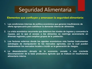 Seguridad Alimentaria
Elementos que confluyen y amenazan la seguridad alimentaria:
1. Las condiciones internas de política económica que generan insuficiencia de
oferta agropecuaria para satisfacer la demanda interna de alimentos.
2. La crisis económica recurrente que deteriora los niveles de ingreso y concentra la
riqueza, por lo que el acceso a los alimentos se restringe severamente en
diversas regiones y para amplios grupos de la población.
3. Los factores externos donde los agentes económicos más fuertes instrumentan
estrategias de manipulación de los mercados agrícolas, con lo cual pueden
desabastecer los mercados locales e incidir en la generación de riesgos.
4. La desaceleración abrupta de la economía, aunada a una creciente
descomposición de la base productora agrícola que se traduce en insuficiencia
alimentaria interna.
 