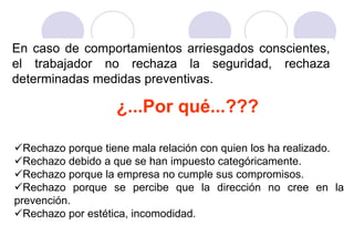 En caso de comportamientos arriesgados conscientes,
el trabajador no rechaza la seguridad, rechaza
determinadas medidas preventivas.

                   ¿...Por qué...???

Rechazo porque tiene mala relación con quien los ha realizado.
Rechazo debido a que se han impuesto categóricamente.
Rechazo porque la empresa no cumple sus compromisos.
Rechazo porque se percibe que la dirección no cree en la
prevención.
Rechazo por estética, incomodidad.
 