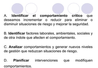 A. Identificar el comportamiento crítico que
deseamos incrementar o reducir para eliminar o
disminuir situaciones de riesgo y mejorar la seguridad.

B. Identificar factores laborales, ambientales, sociales y
de otra índole que afecten el comportamiento.

C. Analizar comportamientos y generar nuevos niveles
de gestión que reduzcan situaciones de riesgo.

D.    Planificar    intervenciones     que    modifiquen
comportamientos.
 