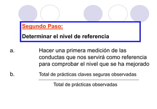 Segundo Paso:
     Determinar el nivel de referencia

a.         Hacer una primera medición de las
           conductas que nos servirá como referencia
           para comprobar el nivel que se ha mejorado
b.         Total de prácticas claves seguras observadas

                 Total de prácticas observadas
 