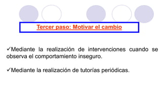 Tercer paso: Motivar el cambio


Mediante la realización de intervenciones cuando se
observa el comportamiento inseguro.

Mediante la realización de tutorías periódicas.
 