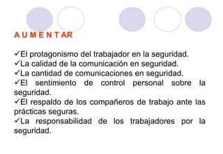 A U M E N T AR

El protagonismo del trabajador en la seguridad.
La calidad de la comunicación en seguridad.
La cantidad de comunicaciones en seguridad.
El sentimiento de control personal sobre la
seguridad.
El respaldo de los compañeros de trabajo ante las
prácticas seguras.
La responsabilidad de los trabajadores por la
seguridad.
 