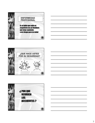 ENFERMEDAD
 PROFESIONAL

Es el daño que sufre el
organismo de un Bombero
por estar expuesto
a un riesgo para su salud




 ¿QUE HACE USTED
POR SU SEGURIDAD?




¿ POR QUE
  OCURREN
  LOS
  ACCIDENTES ?




                            3
 