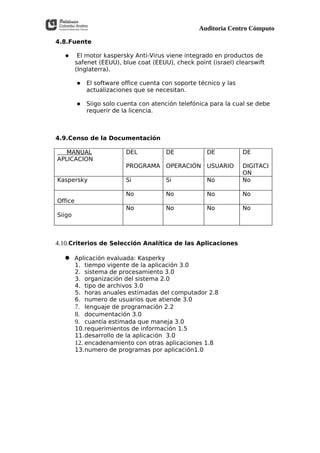 Auditoria Centro Cómputo

4.8.Fuente

         El motor kaspersky Anti-Virus viene integrado en productos de
         safenet (EEUU), blue coat (EEUU), check point (israel) clearswift
         (Inglaterra).

             El software office cuenta con soporte técnico y las
              actualizaciones que se necesitan.

             Siigo solo cuenta con atención telefónica para la cual se debe
              requerir de la licencia.



4.9.Censo de la Documentación

   MANUAL                  DEL           DE            DE           DE
APLICACION
                           PROGRAMA OPERACIÓN USUARIO               DIGITACI
                                                                    ON
Kaspersky                  Si            Si            No           No

                           No            No            No           No
Office
                           No            No            No           No
Siigo



4.10.Criterios de Selección Analítica de las Aplicaciones

   Aplicación evaluada: Kasperky
         1.  tiempo vigente de la aplicación 3.0
         2.  sistema de procesamiento 3.0
         3.  organización del sistema 2.0
         4.  tipo de archivos 3.0
         5.  horas anuales estimadas del computador 2.8
         6.  numero de usuarios que atiende 3.0
         7. lenguaje de programación 2.2
         8. documentación 3.0
         9. cuantía estimada que maneja 3.0
         10.requerimientos de información 1.5
         11.desarrollo de la aplicación 3.0
         12. encadenamiento con otras aplicaciones 1.8
         13.numero de programas por aplicación1.0
 