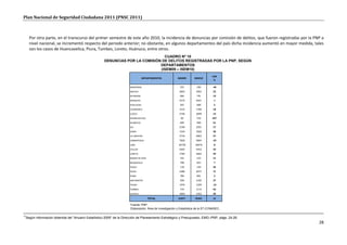 Plan Nacional de Seguridad Ciudadana 2011 (PNSC 2011)



     Por otra parte, en el transcurso del primer semestre de este año 2010, la incidencia de denuncias por comisión de delitos, que fueron registradas por la PNP a
     nivel nacional, se incrementó respecto del periodo anterior; no obstante, en algunos departamentos del país dicha incidencia aumentó en mayor medida, tales
     son los casos de Huancavelica, Piura, Tumbes, Loreto, Huánuco, entre otros.
                                                                               CUADRO Nº 10
                                                    DENUNCIAS POR LA COMISIÓN DE DELITOS REGISTRADAS POR LA PNP, SEGÚN
                                                                             DEPARTAMENTOS
                                                                             (ISEM09 – ISEM10)
                                                                                                                                 VAR
                                                                               DEPARTAMENTOS           ISEM09       ISEM10
                                                                                                                                  %

                                                                    AMAZONAS                             555         299         -46
                                                                    ANCASH                               2843        3462         22
                                                                    APURIMAC                             666         791          19
                                                                    AREQUIPA                             5572        5641         1
                                                                    AYACUCHO                             925         968          5
                                                                    CAJAMARCA                            1515        1789         18
                                                                    CUZCO                                2746        3099         13
                                                                    HUANCAVELICA                          60         316         427
                                                                    HUANUCO                              600         968          61
                                                                    ICA                                  2140        2501         17
                                                                    JUNIN                                1334        1820         36
                                                                    LA LIBERTAD                          3734        5863         57
                                                                    LAMBAYEQUE                           7830        5844        -25
                                                                    LIMA                                36728       39676         8
                                                                    CALLAO                               4445        5453         23
                                                                    LORETO                               1784        2844         59
                                                                    MADRE DE DIOS                        191         232          21
                                                                    MOQUEGUA                             798         852          7
                                                                    PASCO                                118         149          26
                                                                    PIURA                                2380        4077         71
                                                                    PUNO                                 786         801          2
                                                                    SAN MARTIN                           928         1182         27
                                                                    TACNA                                1476        1249        -15
                                                                    TUMBES                               719         1172         63
                                                                    UCAYALI                              1004        1453         45
                                                                                    TOTAL               81877       92501        13

                                                                     Fuente: PNP.
                                                                     Elaboración: Área de Investigación y Estadística de la ST-CONASEC.

17
 Según información obtenida del “Anuario Estadístico 2009” de la Dirección de Planeamiento Estratégico y Presupuesto, EMG–PNP, págs. 24-26.
                                                                                                                                                                28
 