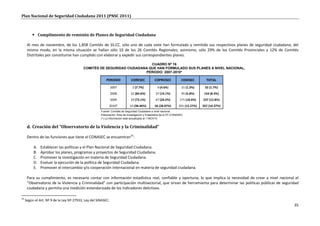 Plan Nacional de Seguridad Ciudadana 2011 (PNSC 2011)



          Cumplimiento de remisión de Planes de Seguridad Ciudadana

      Al mes de noviembre, de los 1,858 Comités de SS.CC. sólo uno de cada siete han formulado y remitido sus respectivos planes de seguridad ciudadana; del
      mismo modo, en la misma situación se hallan sólo 10 de los 26 Comités Regionales; asimismo, sólo 29% de los Comités Provinciales y 12% de Comités
      Distritales por constituirse han cumplido con elaborar y expedir sus correspondientes planes.

                                                                           CUADRO Nº 16
                                           COMITÉS DE SEGURIDAD CIUDADANA QUE HAN FORMULADO SUS PLANES A NIVEL NACIONAL,
                                                                        PERIODO: 2007-2010*

                                                          PERIODO             CORESEC           COPROSEC              CODISEC        TOTAL
                                                               2007            2 (7.7%)            9 (4.6%)           21 (1.3%)     32 (1.7%)
                                                               2008          22 (84.6%)          37 (19.1%)           95 (5.8%)     154 (8.3%)
                                                               2009          19 (73.1%)          47 (24.2%)          171 (10.4%)   237 (12.8%)
                                                            2010*            10 (38.46%)         56 (28.87%)        201 (12.27%)   267 (14.37%)
                                                      Fuente: Comités de Seguridad Ciudadana a nivel nacional.
                                                      Elaboración: Área de Investigación y Estadística de la ST-CONASEC.
                                                      (*) La información está actualizada al 11NOV10


      d. Creación del “Observatorio de la Violencia y la Criminalidad”

      Dentro de las funciones que tiene el CONASEC se encuentran23:

          A.   Establecer las políticas y el Plan Nacional de Seguridad Ciudadana.
          B.   Aprobar los planes, programas y proyectos de Seguridad Ciudadana.
          C.   Promover la investigación en materia de Seguridad Ciudadana.
          D.   Evaluar la ejecución de la política de Seguridad Ciudadana.
          E.   Promover el intercambio y/o cooperación internacional en materia de seguridad ciudadana.

      Para su cumplimiento, es necesario contar con información estadística real, confiable y oportuna; lo que implica la necesidad de crear a nivel nacional el
      “Observatorio de la Violencia y Criminalidad” con participación multisectorial, que sirvan de herramienta para determinar las políticas públicas de seguridad
      ciudadana y permita una medición estandarizada de los indicadores delictivos.

23
     Según el Art. Nº 9 de la Ley Nº 27933, Ley del SINASEC.
                                                                                                                                                                35
 