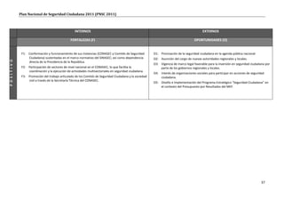 Plan Nacional de Seguridad Ciudadana 2011 (PNSC 2011)



                                                         INTERNOS                                                                                EXTERNOS

                                                     FORTALEZAS (F)                                                                        OPORTUNIDADES (O)


                   F1: Conformación y funcionamiento de sus instancias (CONASEC y Comités de Seguridad        O1: Priorización de la seguridad ciudadana en la agenda pública nacional.
                       Ciudadana) sustentadas en el marco normativo del SINASEC; así como dependencia         O2: Asunción del cargo de nuevas autoridades regionales y locales.
P O S I T I V O




                       directa de la Presidencia de la República.
                                                                                                              O3: Vigencia de marco legal favorable para la inversión en seguridad ciudadana por
                   F2: Participación de sectores de nivel nacional en el CONASEC, lo que facilita la              parte de los gobiernos regionales y locales.
                       coordinación y la ejecución de actividades multisectoriales en seguridad ciudadana.
                                                                                                              O4: Interés de organizaciones sociales para participar en acciones de seguridad
                   F3: Promoción del trabajo articulado de los Comités de Seguridad Ciudadana y la sociedad       ciudadana.
                       civil a través de la Secretaría Técnica del CONASEC.
                                                                                                              O5: Diseño e implementación del Programa Estratégico “Seguridad Ciudadana” en
                                                                                                                  el contexto del Presupuesto por Resultados del MEF.




                                                                                                                                                                                          37
 