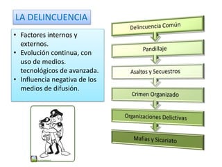 • Factores internos y
externos.
• Evolución continua, con
uso de medios.
tecnológicos de avanzada.
• Influencia negativa de los
medios de difusión.
LA DELINCUENCIA
 