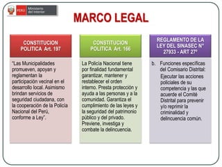 MARCO LEGAL
CONSTITUCION
POLITICA Art. 197
“Las Municipalidades
promueven, apoyan y
reglamentan la
participación vecinal en el
desarrollo local. Asimismo
brindan servicios de
seguridad ciudadana, con
la cooperación de la Policía
Nacional del Perú,
conforme a Ley”.
CONSTITUCION
POLITICA Art. 166
La Policía Nacional tiene
por finalidad fundamental
garantizar, mantener y
restablecer el orden
interno. Presta protección y
ayuda a las personas y a la
comunidad. Garantiza el
cumplimiento de las leyes y
la seguridad del patrimonio
público y del privado.
Previene, investiga y
combate la delincuencia.
REGLAMENTO DE LA
LEY DEL SINASEC N°
27933 - ART 27º
b. Funciones específicas
del Comisario Distrital:
Ejecutar las acciones
policiales de su
competencia y las que
acuerde el Comité
Distrital para prevenir
y/o reprimir la
criminalidad y
delincuencia común.
 