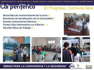 El Progreso, Comuna SeisRecorridos de reconocimiento de la zona: 5Reuniones de Socialización con la Comunidad: 8Eventos Comunitarios Masivos:  2 Puntos Fijos Informativos en el Barrio:   2Reunión Mesa de Trabajo: 5OBRAS PARA LA CONVIVENCIA Y LA SEGURIDAD